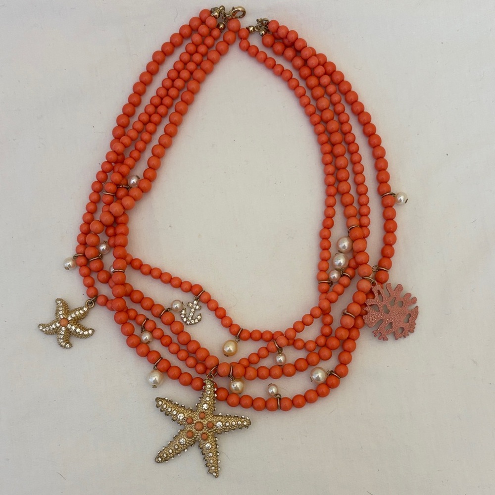 Charming Charlie Multi Strand Salmon Beaded Golden Starfish Necklace Rhinestone‎